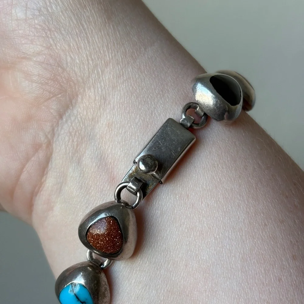 Vintage Taxco Sterling Silver 925 Mexico Multi Color Stone Link Bracelet